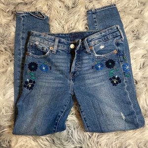 Lucky brand blue flower embroidered skinny denim jeans, size 0 waist 25